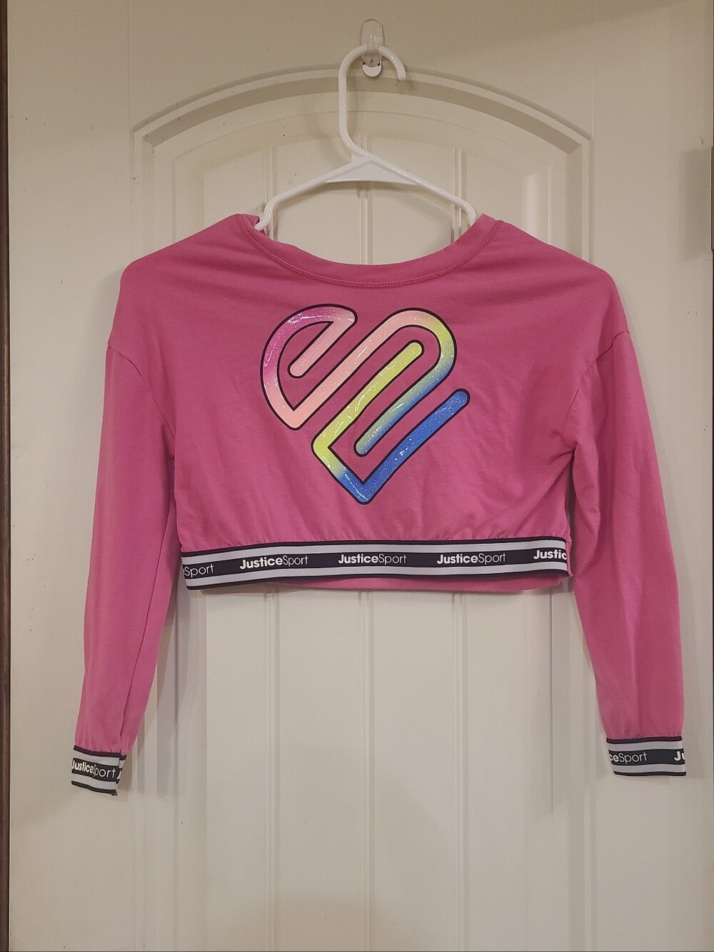 Justice Pink Cropped Long Sleeve Top with Rainbow Heart Size XS